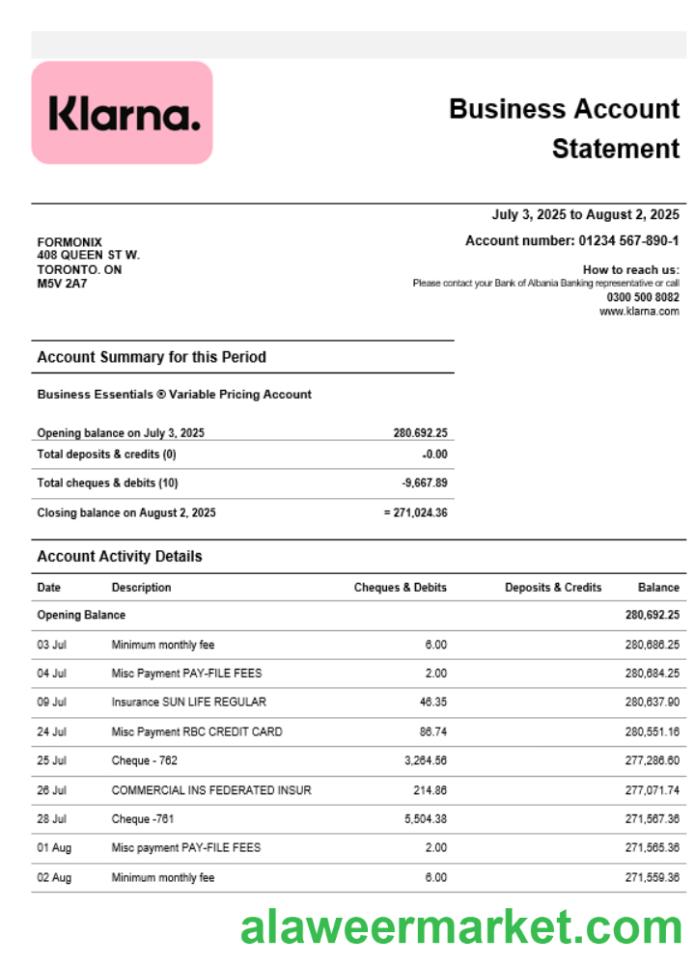 Klarna Bank firm account statement Word and PDF template